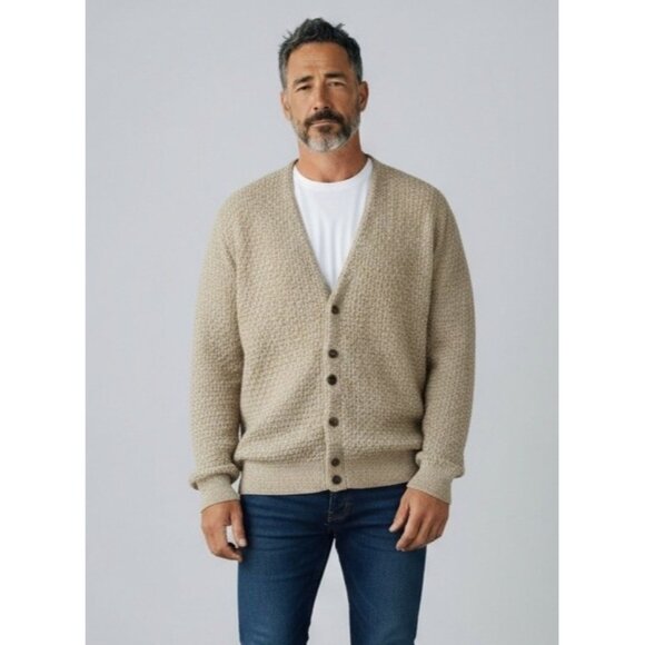 Vintage Isle of Cotton Mens Cardigan Sweater M Beige Textured Grandpacore Grunge - Picture 1 of 16